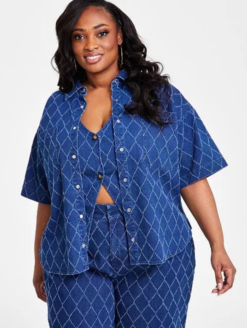 NINA PARKER SHORT SLEEVED BLUE DENIM DIAMOND TEXTURE SHIRT BLOUSE TOP NEW XL